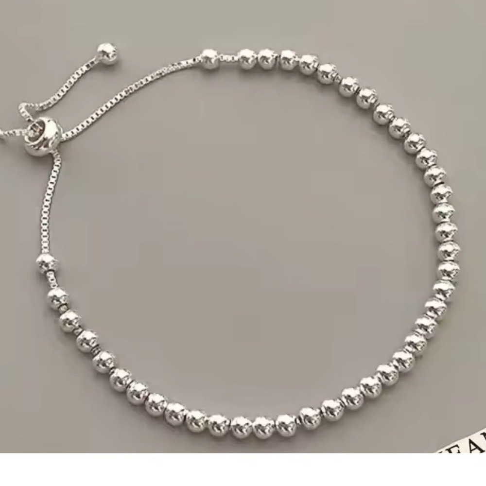 Rhodium Plated Sterling Silver 925 Silver Beaded Bolo Bracelet 7.5 inches